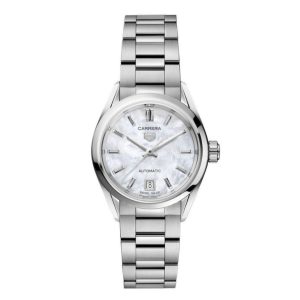 Tag Heuer Carrera Watch with a 29mm stainless steel case. The watch features a white mother of pearl date dial, smooth bezel and is fitted onto a stainless steel bracelet.