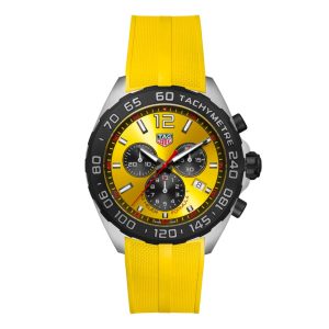 Tag Heuer Formula 1 watch with 43mm black PVD coated stainless steel case, yellow chronograph date dial set with index hour markers fitted on to a yellow rubber strap with pin buckle