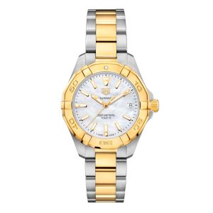 Tag Heuer Aquaracer Watch with a 32mm stainless steel and 18ct yellow gold coated case. The watch features a white mother of pearl date dial, yellow gold coated bezel and is fitted onto a stainless steel and yellow gold coated bracelet.