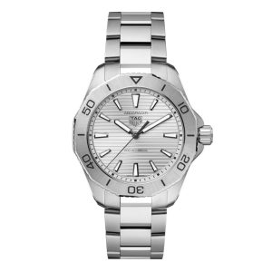 Tag Heuer Aquaracer professional 200 Watch with a 40mm stainless steel case. The watch features a silver dial, steel bezel and is fitted onto a stainless steel bracelet.