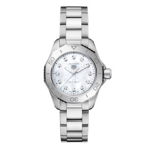 Tag Heuer Aquaracer Professional 200 Watch with a 30mm stainless steel case. The watch features a white mother of pearl diamond dial, steel bezel and is fitted onto a stainless steel bracelet. Carat Weight: 0.117ct