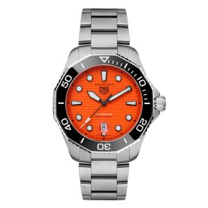 Tag Heuer Aquaracer Professional 300 'Orange Diver' Watch with a 43mm stainless steel case. The watch features an orange date dial, black ceramic bezel and is fitted onto a stainless steel bracelet