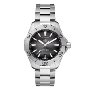 Tag Heuer Aquaracer Professional 200 Watch with a 40mm stainless steel case. The watch features a black to grey ombre date dial, steel bezel and is fitted onto a stainless steel bracelet.