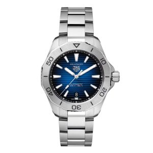 Tag Heuer Aquaracer Professional 200 Watch with a 40mm stainless steel case. The watch features a blue to black ombre date dial, steel bezel and is fitted onto a stainless steel bracelet.