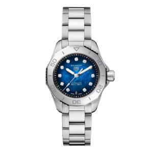 Tag Heuer Aquaracer Professional 200 Watch with a 30mm stainless steel case. The watch features a blue mother of pearl diamond dot date dial, steel bezel and is fitted onto a stainless steel bracelet.
