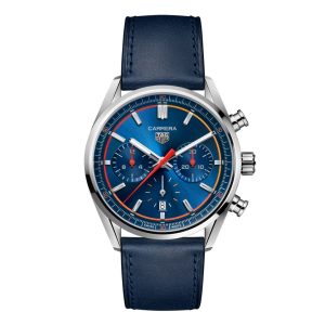 Tag Heuer Carrera Chronograph Automatic watch with a 42mm stainless steel case. The watch features a blue date dial with gradient orange to red detailing and is fitted onto a blue leather strap.