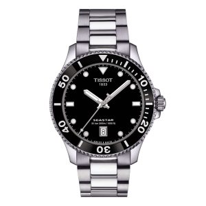 Tissot Seastar 1000 Watch with a 40mm stainless steel case. The watch features a black date dial, black bezel and is fitted onto a stainless steel bracelet.