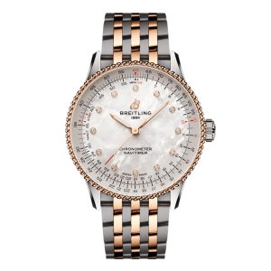 Breitling Navitimer Automatic Watch with a 36mm stainless steel case. The watch features a white mother of pearl dial with rose gold laboratory grown diamond hour markers, 18ct rose gold bead bezel and is fitted onto a rose gold and stainless steel bracelet.