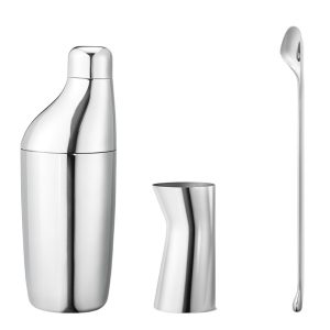 Georg Jensen Sky Cocktail Set in Steel. The set includes a shaker, stirring spoon and jigger.