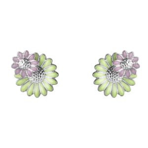 Georg Jensen daisy stud earrings with two rhodium plated sterling silver, green and pink enamel flowers