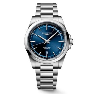 Longines Conquest Watch with a 41mm stainless steel case. The watch features a blue date dial, smooth bezel and is fitted onto a stainless steel bracelet.