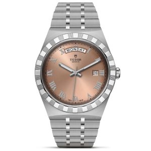 Tudor Royal Day Date watch with salmon dial fitted on to a stainless steel bracelet