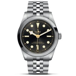 Tudor black bay watch with black index dial, smooth bezel fitted on to a stainless steel bracelet