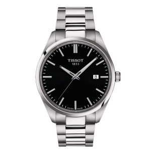 Tissot PR100 Watch with a 40mm stainless steel case. The watch features a black date dial, smooth bezel and is fitted onto a stainless steel bracelet.