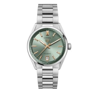 Tag Heuer Carrera Date Watch with a 36mm stainless steel case. The watch features a mint green sunray brushed date dial with 18ct rose gold accents, smooth bezel and is fitted onto a stainless steel bracelet.