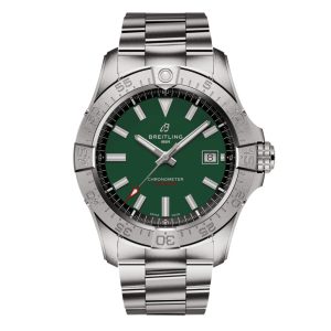 Breitling Avenger Automatic Watch with a 42mm stainless steel case. The watch features a green date dial, steel bezel and is fitted onto a stainless steel bracelet.