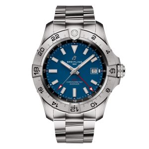 Breitling Avenger Automatic GMT Watch with a 44mm stainless steel case. The watch features a blue date dial, steel bezel and is fitted onto a stainless steel bracelet.