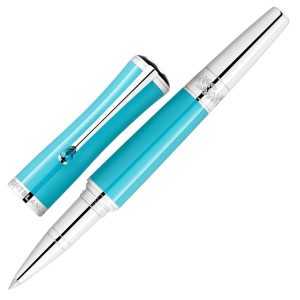 Montblanc Muses Maria Callas Special Edition Rollerball Pen in turquoise precious resin with platinum coated details and a petal cut 0.48ct turquoise synthetic spinel stone.
