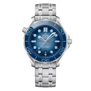 Omega Seamaster Diver 300 Co-Axial Master Chronometer watch with a 42mm stainless steel case. The watch features a Summer Blue ceramic wave motif date dial, blue ceramic bezel and is fitted onto a stainless steel bracelet.