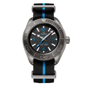 Omega Seamaster Planet Ocean 600m Co-Axial Master Chronometer Watch with a 45.5mm titanium case. The watch features a black dial with blue accents, black ceramic bezel and is fitted onto a black with a blue strip NATO strap.