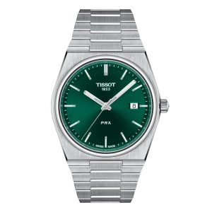 Tissot PRX Watch with a 40mm stainless steel case. The watch features dark green date dial, smooth bezel and is fitted on to a stainless steel bracelet.