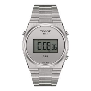 Tissot PRX Digital Watch with a 40mm stainless steel case. The watch features a steel digital dial, smooth bezel and is fitted onto a stainless steel bracelet.