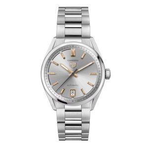 Tag Heuer Carrera Date Watch with a 36mm stainless steel bracelet. The watch features a silver date dial with 18ct rose gold accents, smooth bezel and is fitted onto a stainless steel bracelet.