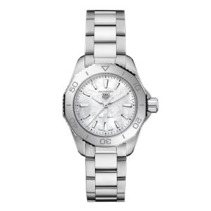 Tag Heuer Aquaracer professional 200 Watch with a 30mm stainless steel case. The watch features a white mother of pearl dial, steel bezel and is fitted onto a stainless steel bracelet.