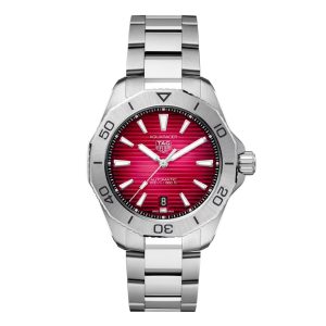 Tag Heuer Aquaracer professional 200 Watch with a 40mm stainless steel case. The watch features a red ombre dial, steel bezel and is fitted onto a stainless steel bracelet.
