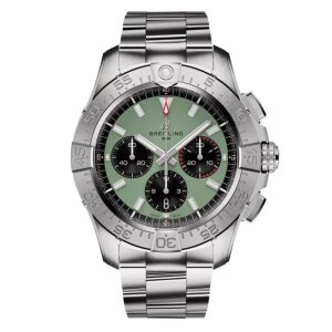 Breitling Avenger B01 Chronograph Watch with a 44mm stainless steel case. The watch features a green date dial, steel bezel and is fitted onto a stainless steel bracelet.