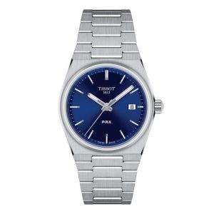 Tissot PRX Watch with a 35mm stainless steel case. The watch features blue date dial, smooth bezel and is fitted on to a stainless steel bracelet.
