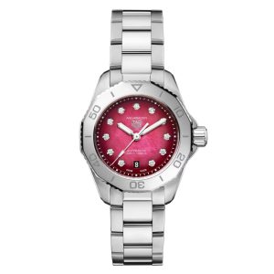 Tag Heuer Aquaracer Professional 200 Watch with a 30mm stainless steel case. The watch features a red mother of pearl ombre diamond dot date dial, steel bezel and is fitted onto a stainless steel bracelet.