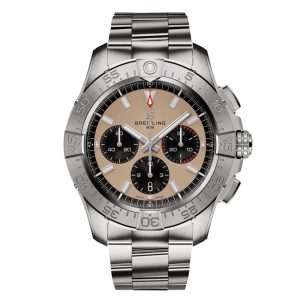 Breitling Avenger B01 Chronograph Watch with a 44mm stainless steel case. The watch features a beige date dial, steel bezel and is fitted onto a stainless steel bracelet.