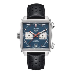 Tag Heuer Monaco Watch with a 39mm stainless steel square case. The watch features a blue date dial with two white sub dials, steel bezel and is fitted onto a black leather strap.