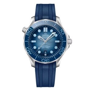 Omega Seamaster Diver 300 Co-Axial Master Chronometer watch with a 42mm stainless steel case. The watch features a Summer Blue ceramic wave motif date dial, blue ceramic bezel and is fitted onto a blue rubber strap.