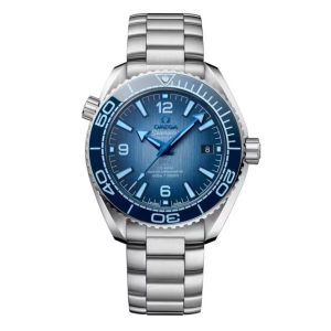 Omega Seamaster Planet Ocean 600m Co-Axial Master Chronometer Watch with 39.5mm stainless steel case. The watch features summer blue date dial, blue bezel and is fitted onto a stainless steel bracelet.