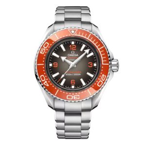 Omega Seamaster Planet Ocean 6000m Ultra Deep Co-Axial Master Chronometer Watch with 45.5mm stainless steel case. The watch features an ombre grey to black dial, orange ceramic bezel and is fitted onto a stainless steel bracelet.