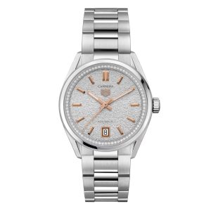 Tag Heuer Carrera Date Watch with a 36mm stainless steel case. The watch features a hammed silver date dial with rose gold details, smooth outer bezel with 0.288ct round brilliant cut diamond inner bezel and is fitted onto a stainless steel bracelet.