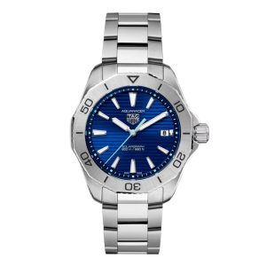 Tag Heuer Aquaracer Professional 200 Solargraph Watch with a 40mm stainless steel case. The watch features a blue date dial, steel bezel and is fitted onto a stainless steel bracelet.