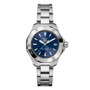 Tag Heuer Aquaracer Professional 200 Solargraph Watch with a 34mm stainless steel case. The watch features a blue date dial, steel bezel and is fitted onto a stainless steel bracelet.