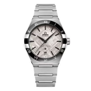 Omega Constellation Co-Axial Master Chronometer watch with 41mm stainless steel case. The watch features an iron meteorite date dial, which as a rhodium-grey galvanic colour treatment, black ceramic bezel and is fitted onto a stainless steel bracelet.