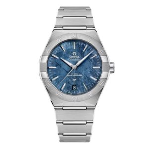 Omega Constellation Co-Axial Master Chronometer watch with 41mm stainless steel case. The watch features a iron meteorite date dial, which has a blue colour treatment, steel ceramic bezel and is fitted onto a stainless steel bracelet.