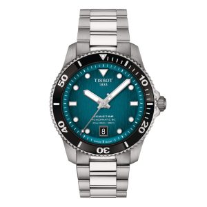 Tissot Seastar 1000 Powermatic 80 Watch with a 40mm stainless steel case. The watch features a turquoise date dial, black bezel and is fitted onto a stainless steel bracelet.