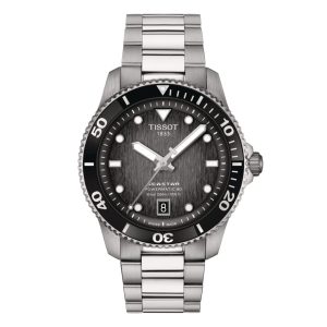 Tissot Seastar 1000 Powermatic 80 Watch with a 40mm stainless steel case. The watch features a grey date dial, black bezel and is fitted onto a stainless steel bracelet.