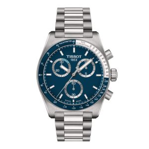 Tissot PR516 Chronograph Watch with a 40mm stainless steel case. The watch features a blue dial with three sub dials, blue and white bezel and is fitted on to a stainless steel bracelet.