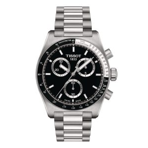 Tissot PR516 Chronograph Watch with a 40mm stainless steel case. The watch features a black dial with three sub dials, black and white bezel and is fitted on to a stainless steel bracelet.
