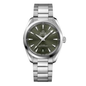 Omega Seamaster Aqua Terra 150m Co-Axial Master Chronometer Watch with 38mm stainless steel case. The watch features a green date dial with stripe motif, smooth bezel and is fitted onto a stainless steel bracelet.