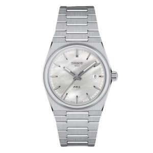 Tissot PRX Watch with a 35mm stainless steel case. The watch a white mother of pearl date dial, smooth bezel and is fitted onto a stainless steel bracelet.